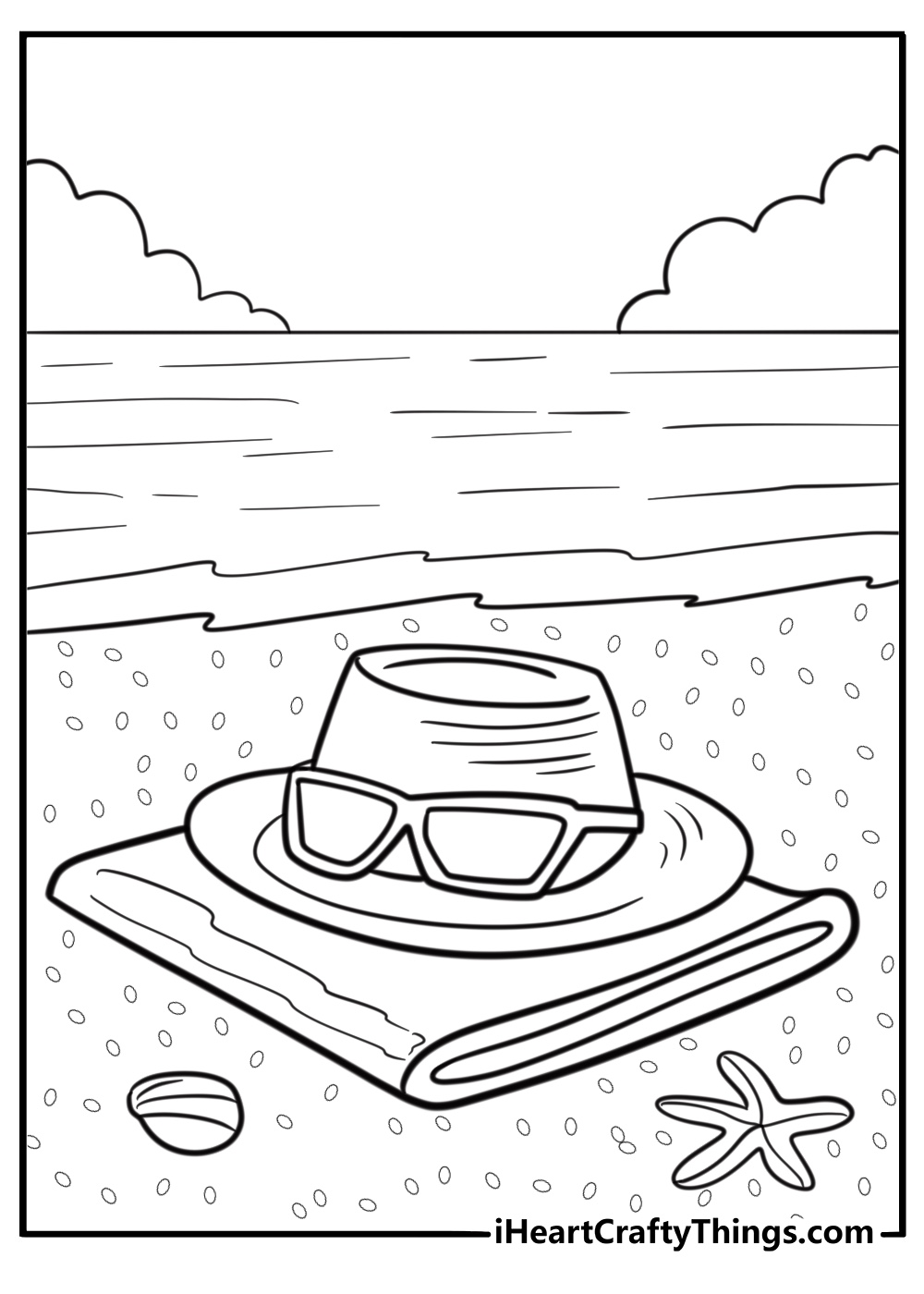 Sun hat and sunglasses on a towel summer coloring sheet